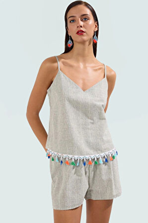 Şık Çizgili Keten Görünümlü Plaj Bluz Şort Takım Rahat Yazlık Tasarım Premium Kalite Trend