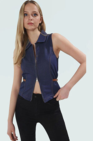 Fitted Vücuda Oturan Örme Bluz Polo Yaka Denim Görünümlü Yazlık Günlük Özenle Seçilmiş