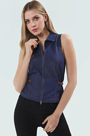 Fitted Vücuda Oturan Örme Bluz Polo Yaka Denim Görünümlü Yazlık Günlük Özenle Seçilmiş