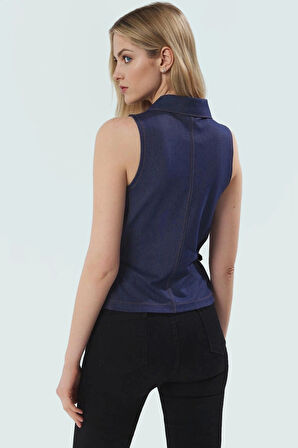 Fitted Vücuda Oturan Örme Bluz Polo Yaka Denim Görünümlü Yazlık Günlük Özenle Seçilmiş