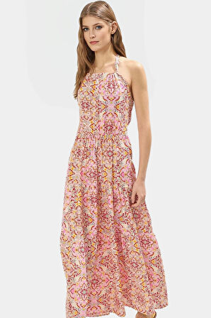 Yazlık Çiçekli A Line Halter Yaka Maxi Elbise Viskoz Kumaştan Rahat Günlük Stil Kullanım
