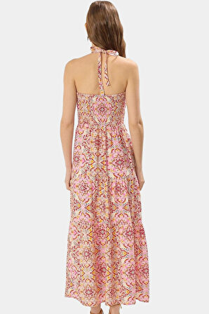 Yazlık Çiçekli A Line Halter Yaka Maxi Elbise Viskoz Kumaştan Rahat Günlük Stil Kullanım