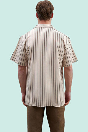 Erkek Keten Karışımlı Çizgili Apaş Yaka Kısa Kollu Gömlek Rahat Günlük Yaz Kaliteli Malzeme