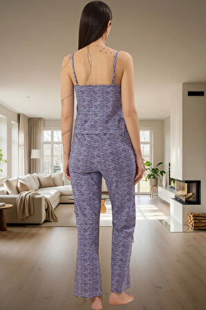 Kadın Rahat Pamuklu Çizgili Pijama Takımı İnce Askılı V Yaka Homewear Uzun Ömürlü Özel Tasarım