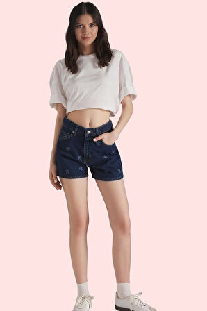 Kadın Denim Şort Baskılı Desen Yüksek Bel Boru Paça Pamuklu Günlük Kombinler Modern Tasarım