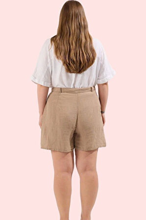 Kadın Keten Karışımlı Dokuma Şort Yüksek Bel Geniş Paça Yazlık Günlük Kullanım Özel Günler