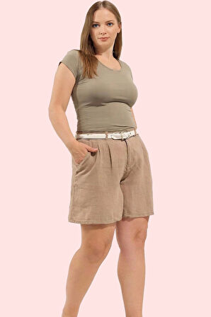 Kadın Keten Karışımlı Dokuma Şort Yüksek Bel Geniş Paça Yazlık Günlük Kullanım Özel Günler