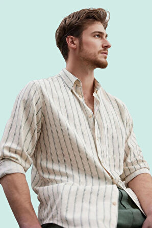 Erkek Keten Karışımlı Çizgili Gömlek Regular Kalıp Rahat Günlük Kullanım Dayanıklı Malzeme