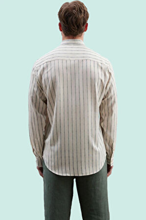 Erkek Keten Karışımlı Çizgili Gömlek Regular Kalıp Rahat Günlük Kullanım Dayanıklı Malzeme