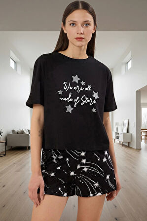 Kadın Kısa Kollu Bisiklet Yaka Pamuklu Pijama Takımı Şık Görünüm Mükemmel Uyum Modern Stil