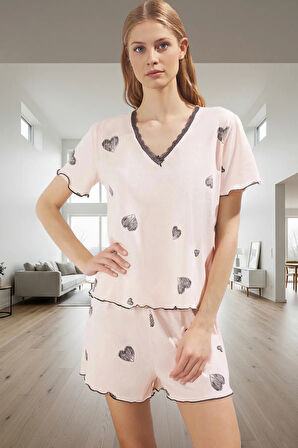 Kadın Kısa Kollu Pamuklu Pijama Takımı Kalpli Desenli Rahat Ev Giyim Profesyonel Görünüm
