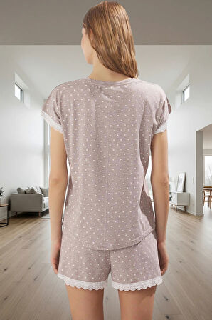 Kadın Yazlık Puantiyeli Pamuklu Pijama Takımı Dantel Detaylı Rahat Şık Görünüm Seçkin Malzeme