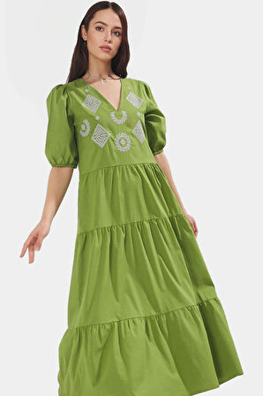 Nakışlı Maxi Elbise Pamuklu Polyester Dokuma Yazlık Günlük Trend Tasarım Seçkin Malzeme