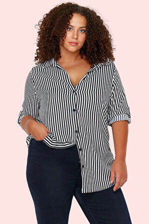 Kadın Oversize Çizgili Gömlek Uzun Kollu Dokuma Kumaş Günlük Kullanım Yaz Aylarının Vazgeçilmezi