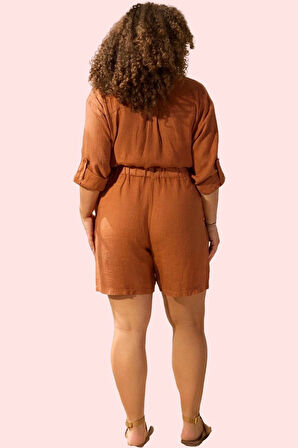 Kadın Keten Kısa Şort Geniş Paça Yüksek Bel Pamuklu Günlük Kullanım Yaz Aylarının Vazgeçilmezi