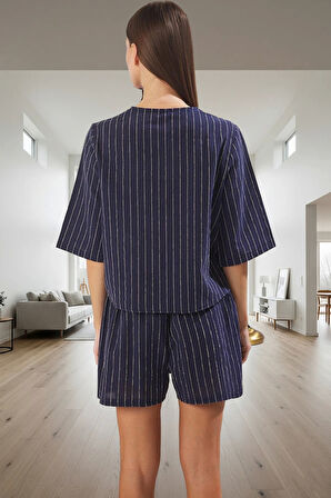 Kadın Çizgili Pamuklu Pijama Takımı Şal Yaka Bağlamalı Yazlık Özenle Seçilmiş Şık Görünüm