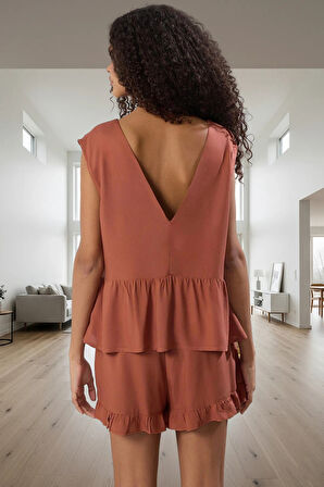 Kadın Rahat Ev Giyim Pijama Takımı Viskon Kumaş Renk Fırfırlı Zarif Tasarım Kullanım