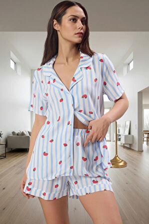 Kadın Rahat Viskoz Pijama Takımı Çizgili Desenli Kısa Kollu Yazlık Seçkin Malzeme Modern Stil