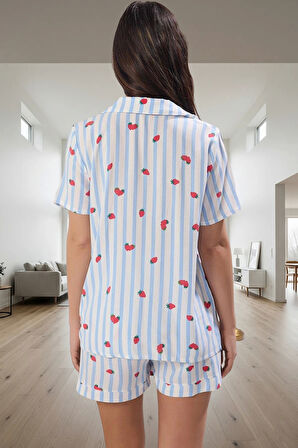Kadın Rahat Viskoz Pijama Takımı Çizgili Desenli Kısa Kollu Yazlık Seçkin Malzeme Modern Stil