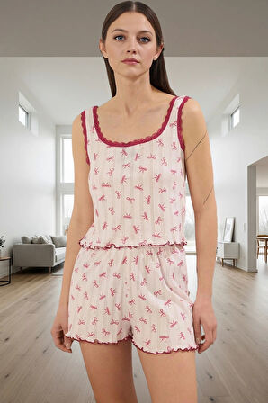 Kadın Yazlık Çiçekli Örme Pijama Takımı Rahat Kalıp Pamuklu Şık Görünüm Uzun Ömürlü Kaliteli İşçilik