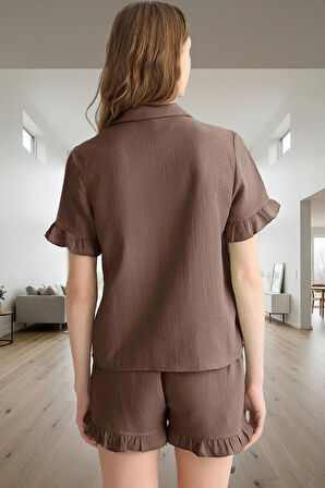 Kadın Acı Pamuklu Fırfırlı Müslin Pijama Takımı Rahat Ve Şık Trend Tasarım Premium Kalite