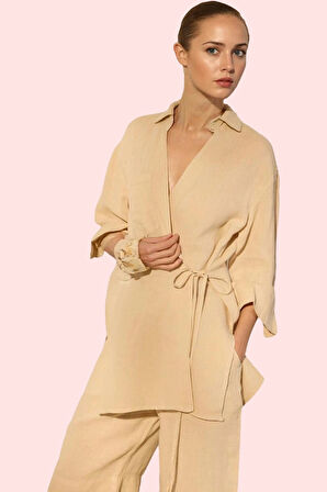 Kadın Keten Kruvaze Gömlek Basic Siluet Dik Yaka Günlük Kombinler Yaz Aylarının Vazgeçilmezi