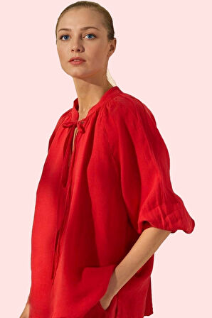 Kadın Keten Dik Yaka Gömlek Standart Kol Uzun Boy Günlük Yaz Hafta Sonu Stilin Buluştuğu Yer