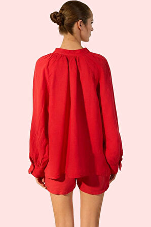 Kadın Keten Dik Yaka Gömlek Standart Kol Uzun Boy Günlük Yaz Hafta Sonu Stilin Buluştuğu Yer