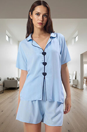 Kadın Viskoz Pijama Takımı Kalpli Detaylar İle Rahat Uyku Konforlu Kesim Kullanım Özel Tasarım