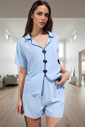 Kadın Viskoz Pijama Takımı Kalpli Detaylar İle Rahat Uyku Konforlu Kesim Kullanım Özel Tasarım