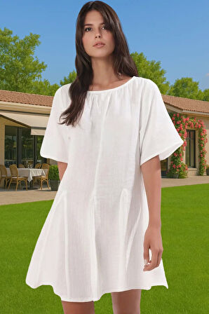 Yazlık Kadın Müslin Mini Elbise Pamuklu Plaj Elbisesi Rahat Özel Tasarım Kaliteli İşçilik