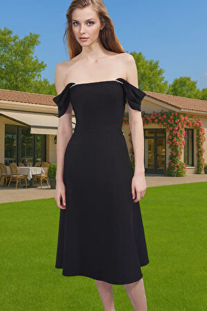 Midi İnci Detaylı Belden Açık Abiye Elbise Dokuma Yazlık Günlük Kullanım İçin Yüksek Kalite