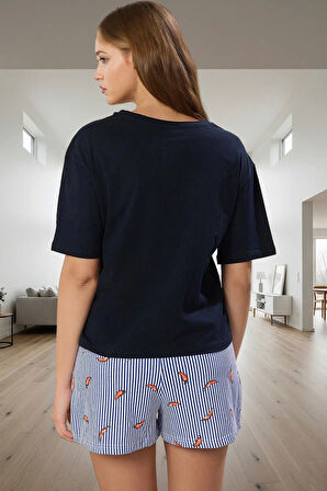 Kadın Kısa Kollu Bisiklet Yaka Pamuklu Pijama Takımı Yazlık Rahat Homewear Seçkin Malzeme