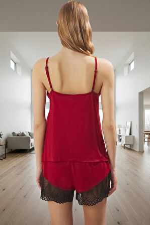 Kadın İnce Askılı Dantel Detaylı Viskoz Pijama Takımı Dayanıklı Malzeme Profesyonel Görünüm