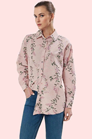 Kadın Çiçekli Desenli Oversize Keten Görünümlü Gömlek Polyester Günlük Kullanım Hafta Sonu