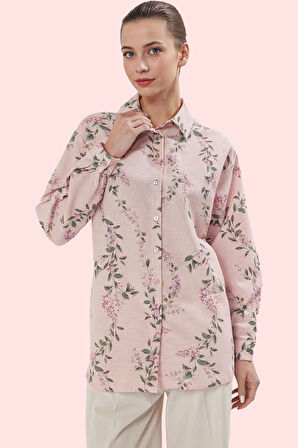 Kadın Çiçekli Desenli Oversize Keten Görünümlü Gömlek Polyester Günlük Kullanım Hafta Sonu