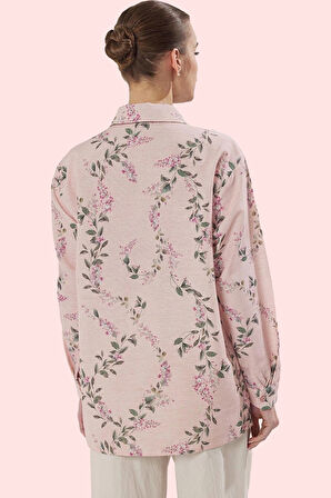 Kadın Çiçekli Desenli Oversize Keten Görünümlü Gömlek Polyester Günlük Kullanım Hafta Sonu