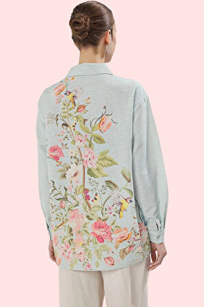 Kadın Çiçekli Desenli Oversize Keten Görünümlü Gömlek Polyester Günlük Kullanım Hafta Sonu