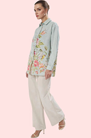 Kadın Çiçekli Desenli Oversize Keten Görünümlü Gömlek Polyester Günlük Kullanım Hafta Sonu