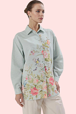 Kadın Çiçekli Desenli Oversize Keten Görünümlü Gömlek Polyester Günlük Kullanım Hafta Sonu