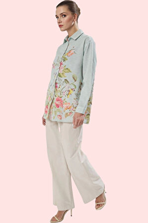 Kadın Çiçekli Desenli Oversize Keten Görünümlü Gömlek Polyester Günlük Kullanım Hafta Sonu