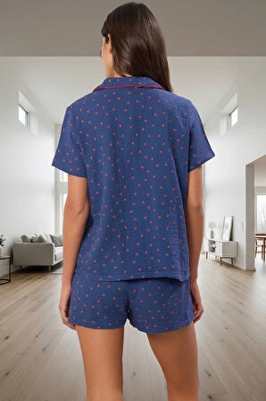 Kadın Kısa Kollu Pamuklu Pijama Takımı Kalpli Desenli Rahat Ev Giyim Mükemmel Uyum