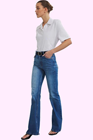 Kadın Yüksek Bel İspanyol Paça Jean Denim Pantolon Günlük Kombinler Yaz Aylarının Vazgeçilmezi