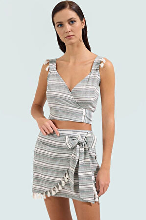 Yazlık Çok Çizgili Pamuklu Bluz Şort Etek Takım Trend Tasarım Konforlu Kesim Özel