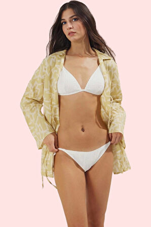 Kadın Geometrik Desenli Bağlama Detaylı Plaj Gömlek Pamuklu Yazlık Yaz Aylarının Vazgeçilmezi