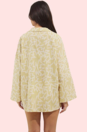 Kadın Geometrik Desenli Bağlama Detaylı Plaj Gömlek Pamuklu Yazlık Yaz Aylarının Vazgeçilmezi