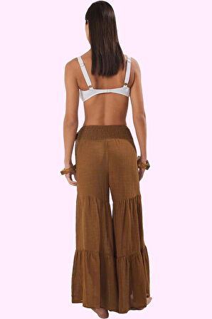 Kadın Uzun Boy Boru Paça Dokuma Plaj Pantolonu Bağlama Detaylı Yazlık Yaz Aylarının Vazgeçilmezi