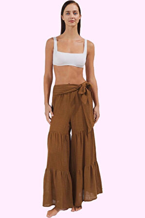 Kadın Uzun Boy Boru Paça Dokuma Plaj Pantolonu Bağlama Detaylı Yazlık Yaz Aylarının Vazgeçilmezi