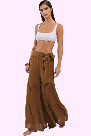 Kadın Uzun Boy Boru Paça Dokuma Plaj Pantolonu Bağlama Detaylı Yazlık Yaz Aylarının Vazgeçilmezi