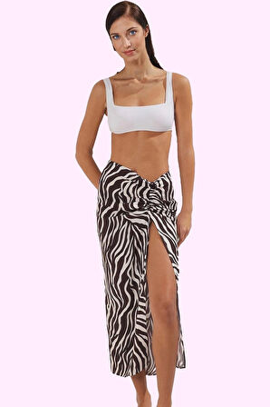 Kadın Zebra Desenli Maxi Etek Büzgü Detay Viskoz Yazlık Plaj Günlük Kullanım Modern Tasarım